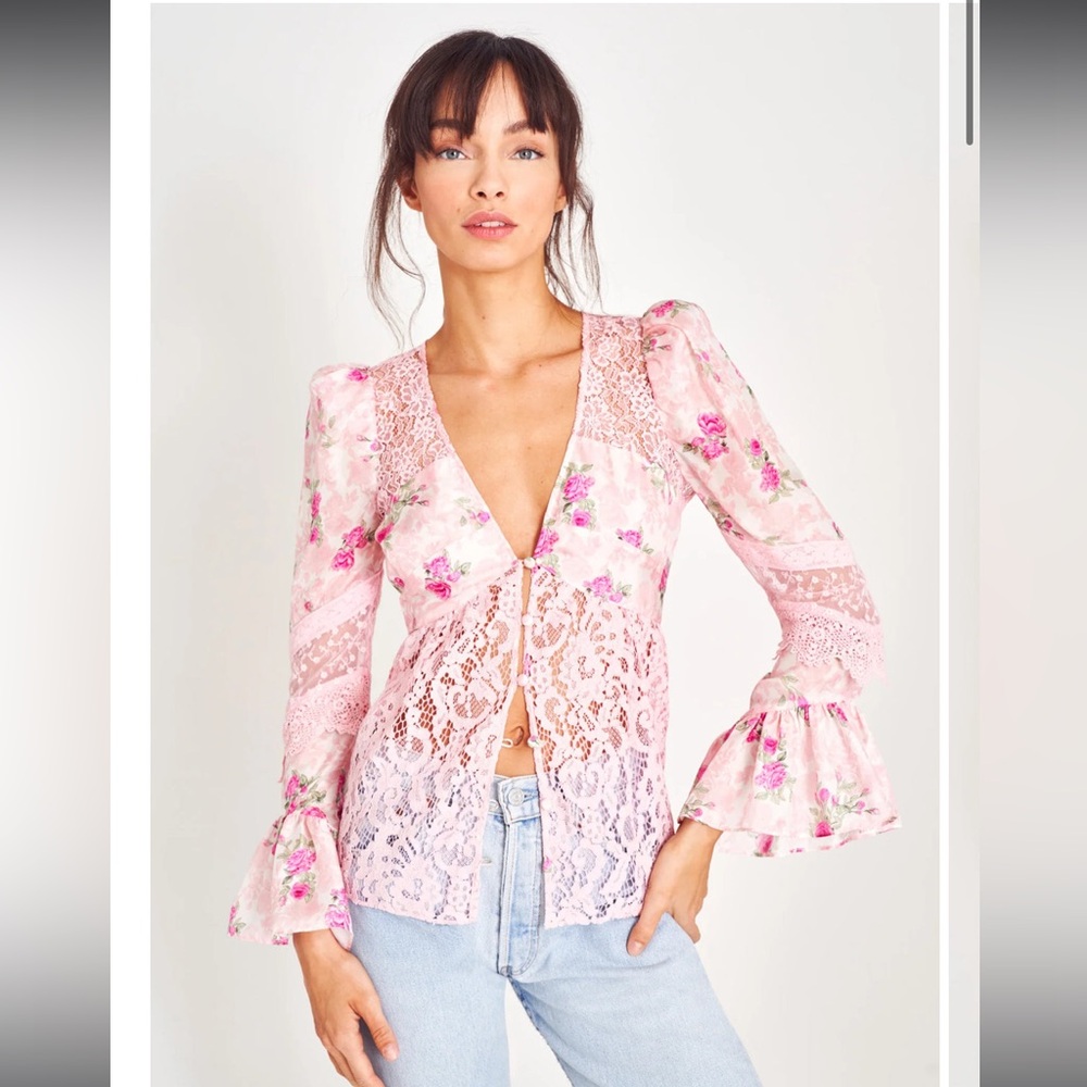 LoveShackFancy Pink Floral Lace Top